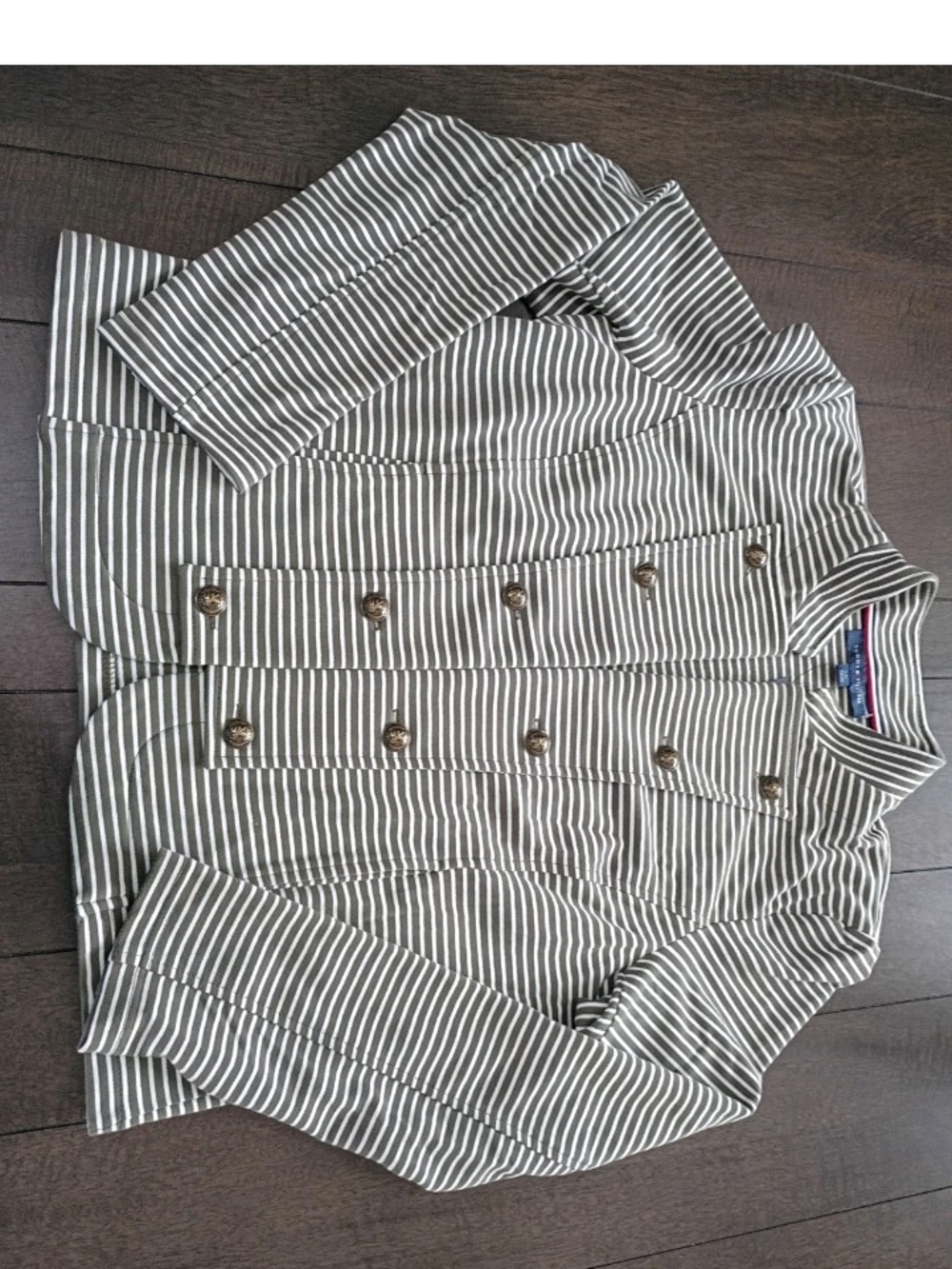 Tommy Hilfiger Olive Green and White Striped Double-Breasted Blazer